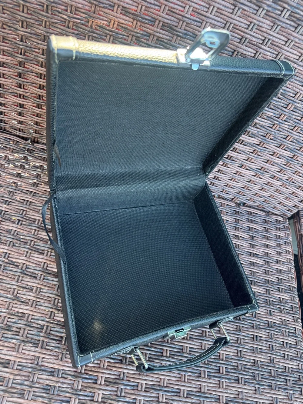 Compact Black Faux Leather Train Case with Top Handle for storage